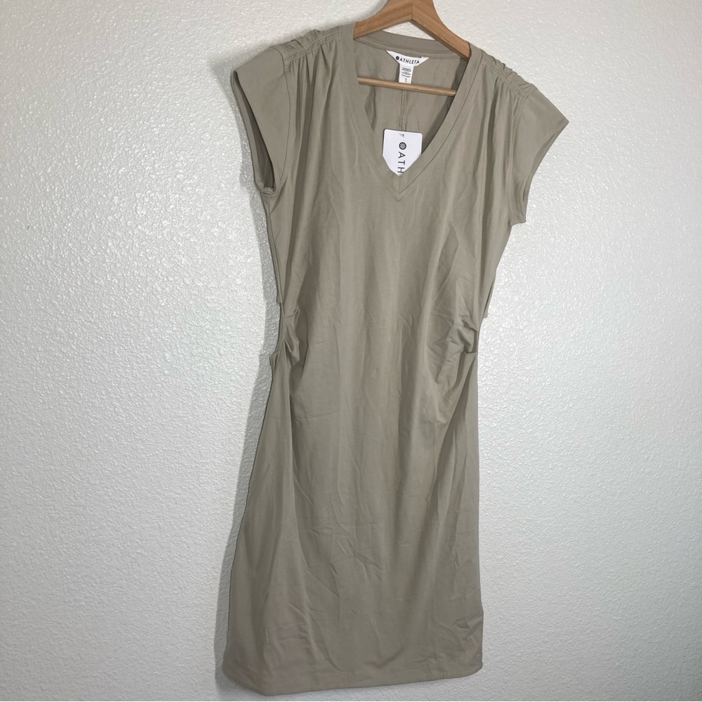 ATHLETA Effortless Tee Dress Small Stretch Anti-odor Beige Midi NWT Cotton - Picture 10 of 16